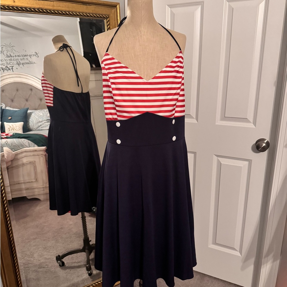 Chic Striped Backless Dress in Red and Navy patriotic USA dress
